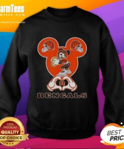Good Mickey hands forming a heart on a Cincinnati Bengals football sweatshirt, perfect for fans and cozy game days.