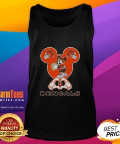 Alt Text: Woman wearing a Good Mickey Hands Heart Cincinnati Bengals football tank top, showing team spirit and style.