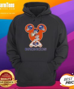 Good Mickey hands forming a heart in a Denver Broncos football hoodie, showcasing team spirit and style.
