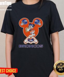 Good Mickey hands forming a heart on a Denver Broncos football ladies tee, perfect for fans showing team spirit.