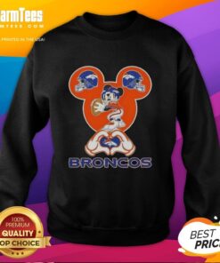 Alt Text: Good Mickey hands forming a heart on Denver Broncos football sweatshirt, perfect for fans and cozy game day wear.