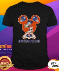Good Mickey hands heart Denver Broncos football T-shirt design showcasing a playful Mickey Mouse graphic for fans.