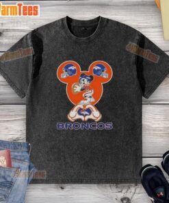 Good Mickey hands forming a heart on a Denver Broncos football washed t-shirt, perfect for fans showing team spirit.