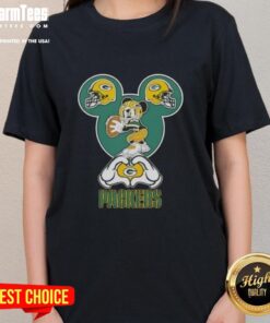 Good Mickey hands heart Green Bay Packers football ladies tee featuring a stylish design for passionate fans.