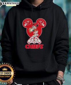 Alt Text: Good Mickey hands forming a heart in a Kansas City Chiefs football hoodie, perfect for fans and game day.
