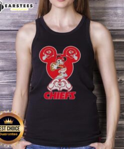 Good Mickey hands forming a heart in a Kansas City Chiefs football tank top, perfect for game day style.