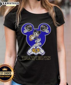 Good Mickey Hands Heart design on a Baltimore Ravens football ladies tee shirt, perfect for fans showing love.