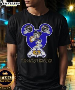 Good Mickey Hands Heart Love Baltimore Ravens Football T-Shirt design featuring Mickey Mouse with heart gesture.