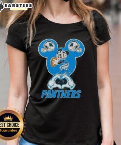 Good Mickey hands forming a heart on a Carolina Panthers football ladies tee, perfect for fans and stylish game day outfits.