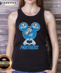 Good Mickey hands form a heart, showcasing love for Carolina Panthers football on a trendy tank top.