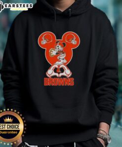 Good Mickey hands forming a heart on a Cleveland Browns football hoodie, showcasing love for the team.