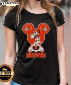 Good Mickey hands forming a heart, showcasing love for Cleveland Browns football on a ladies' tee shirt.