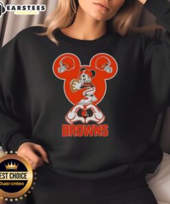 Cleveland Browns football sweatshirt with Mickey hands forming a heart, showcasing team spirit and love for the game.