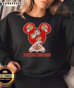 Good Mickey Hands Heart Love design on a San Francisco 49ers football sweatshirt, perfect for fans.