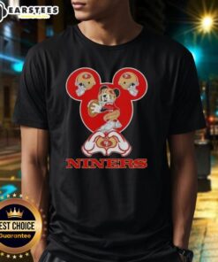 Good Mickey Hands Heart Love San Francisco 49ers Football T-Shirt featuring Mickey Mouse and team colors.