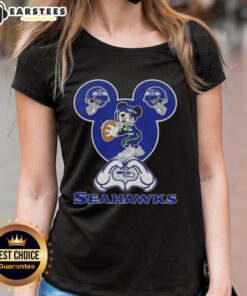 Alt Text: Good Mickey hands forming a heart for love, featuring Seattle Seahawks football ladies tee design.