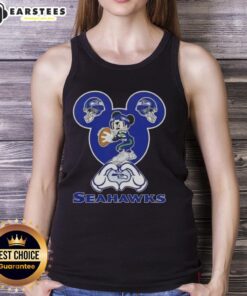 Good Mickey hands forming a heart in Seahawks football tank top, showcasing love for Seattle Seahawks.
