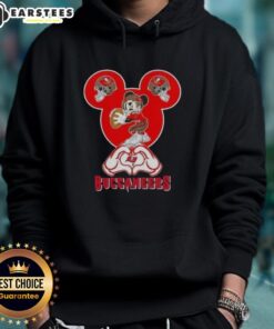 Alt Text: Good Mickey hands forming a heart in a Tampa Bay Buccaneers football hoodie, showcasing team spirit and love.