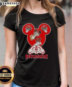 Good Mickey hands forming a heart on a Tampa Bay Buccaneers football ladies tee, perfect for fans.