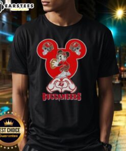 Good Mickey hands heart love graphic on Tampa Bay Buccaneers football T-shirt, perfect for fans and Disney lovers.