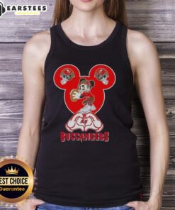 Good Mickey hands forming a heart in a Tampa Bay Buccaneers football tank top, showcasing love for the team.