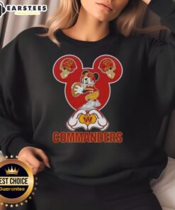 Alt Text: Good Mickey hands forming a heart on a love sweatshirt for Washington Commanders football fans.
