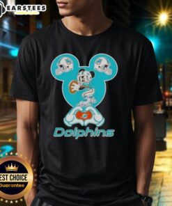 Good Mickey Hands Heart Miami Dolphins Football T-Shirt featuring a playful Mickey Mouse design for fans.