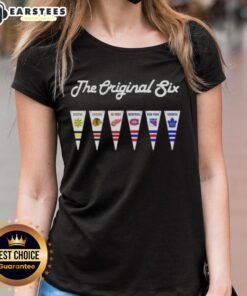 Good NHL Original Six National Hockey League pennant flag design on a stylish ladies tee, perfect for hockey fans.