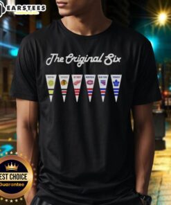 Good NHL Original Six pennant flag T-shirt featuring team logos, perfect for hockey fans and collectors.