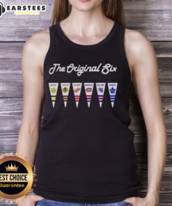 Good NHL Original Six National Hockey League pennant flag tank top featuring team logos and vibrant colors for fans.
