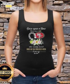 Girl wearing a tank top featuring 'Once Upon a Time' design, loving horses and San Francisco 49ers theme.