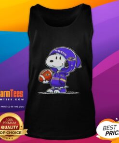 Snoopy wearing a Baltimore Ravens hoodie smiles at fans on a tank top design featuring good peanuts theme.