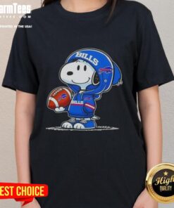 Alt Text: Snoopy in a Buffalo Bills hoodie smiles at fans, featured on a ladies' tee showcasing good peanuts design.