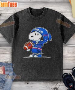 Alt Text: Snoopy in a Buffalo Bills hoodie smiles at fans, showcasing a washed t-shirt featuring Good Peanuts design.