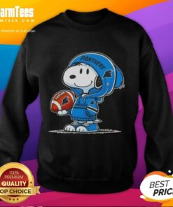 Good Peanuts Snoopy wearing a Carolina Panthers hoodie, smiling at fans in a cozy sweatshirt.