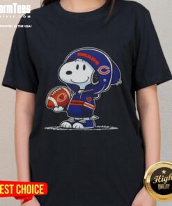 Alt Text: Snoopy in a Chicago Bears hoodie smiling at fans, featured on a ladies tee celebrating good peanuts and team spirit.