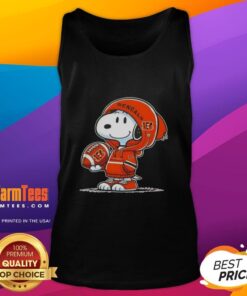 Snoopy wearing a Cincinnati Bengals hoodie smiles at fans while showcasing a fun tank top in this vibrant image.