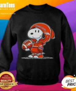 Snoopy in a hoodie smiling at fans, showcasing a Denver Broncos sweatshirt, perfect for peanuts fans.