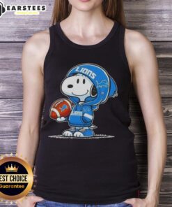 Snoopy wearing a Detroit Lions hoodie, smiling at fans on a tank top design featuring good peanuts.