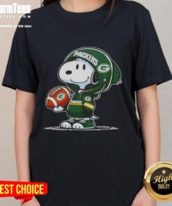 Good Peanuts Snoopy wearing a Green Bay Packers hoodie, smiling at fans on a ladies tee, perfect for NFL enthusiasts.