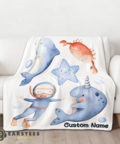 Good Sea's Treasures Narwhal Dolphin Crab Starfish Scuba Divers Blanket Fleece Customized Blanket - Image 2