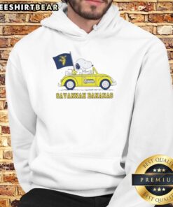 Good Snoopy driving a car wearing a Savannah Bananas hoodie, showcasing a fun and playful vibe.