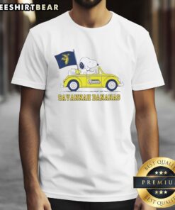 Alt Text: 'Good Snoopy driving a car on a Savannah Bananas T-Shirt, showcasing a fun and playful design for fans.'