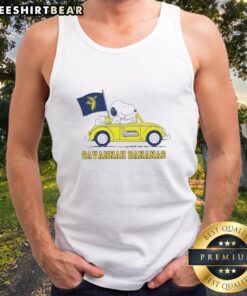 Alt Text: Good Snoopy driving a car, wearing a Savannah Bananas tank top, showcasing fun cartoon style and summer vibes.