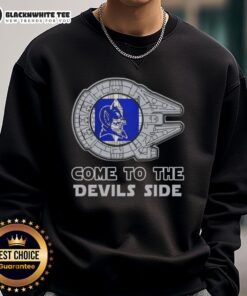 Alt Text: Good Star Wars Come To The Duke Blue Devils Side Sweatshirt featuring iconic Star Wars graphics and team colors.