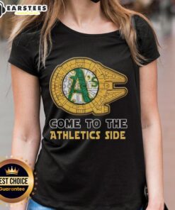 Alt Text: Good Star Wars Come to the Oakland Athletics Side Ladies Tee featuring a stylish design for fans.