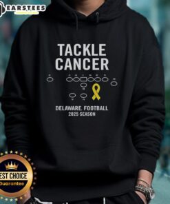 Good Tackle Cancer Delaware Football 2025 season hoodie featuring team colors and logo, promoting cancer awareness.