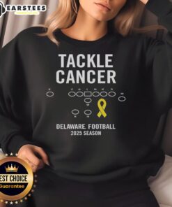 Good Tackle Cancer Delaware Football 2025 Season sweatshirt featuring team colors and logo for cancer awareness.