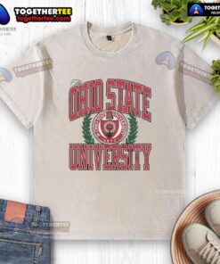 Ohio State University logo on a washed t-shirt, showcasing school spirit and casual style for fans.
