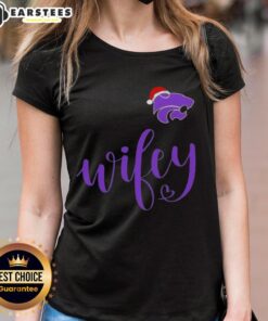 Good Wifey Kansas State Wildcats Santa Hat Merry Christmas Ladies Tee featuring festive design and team spirit.
